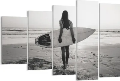 Produktbild von Bild auf Leinwand - Leinwandbild - 5 Teile - Frau Strand Surfen - 150x100cm - Wand Bild - Wanddeko - Wandbilder - Leinwanddruck - Bilder - Wanddekoration - Leinwand bilder - Wandbild - EG150x100-5036