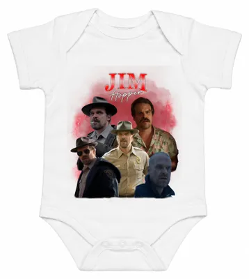 Zdjęcie produktu dla Jim Hopper, szeryf z Hawkins, prezent dla fanów serialu, body dla dziecka, białe, rozmiar 6/12 miesięcy