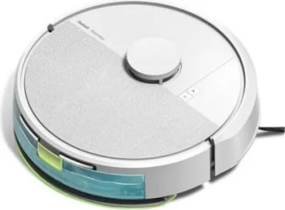 A robot vacuum cleaner is shown from a diagonal angle on a white background.