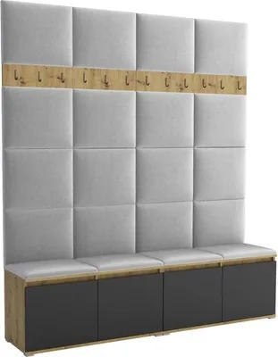 Productafbeelding van Garderobeset Noris II, beklede garderobe met zitbank, entree meubel met wandpanelen, haken en opbergruimte (kleur: Artisan eik/zwart + Trinity 32)