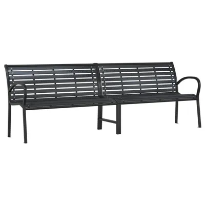 A black metal garden bench with two seating sections, shown against a white background.