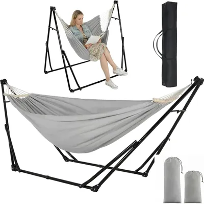 Produktbild von Hängematte mit Gestell - Klappbar und verstellbar - Für 2 Personen - Stahlgestell - Belastbar bis 200 kg - Indoor & Outdoor - Grau