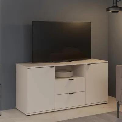 Produktbild von Forte GANYMEDE TV-Schrank 130, minimalistisches Lowboard, 2-türig, 2 Schubladen, offenes Fach, Holzwerkstoff, Wohnzimmer, Kaschmir Beige, 129,8 cm breit x 63,1 cm hoch x 41,3 cm tief