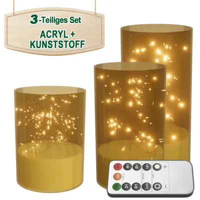 Imagen del producto de LILIIN, Juego de 3 velas LED parpadeantes, con mecha 3D de acrílico, diseño de lámparas en forma de meteoro, control remoto, temporizador, color dorado