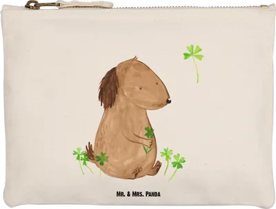 Produktbild von Mr. & Mrs. Panda Schminktasche Hund Kleeblatt Größe M - Weiß - Geschenk, Glück, Sprüche, Etui, Federtasche, Stoffbeutel, Viel, Kulturtasche, Kulturbeutel, Achtsamkeit