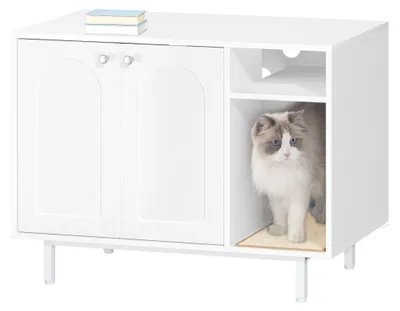 Image de Armoire pour litière pour chat - Toilette pour chat dissimulée - Maison pour chat - Table d'appoint - À un étage - Blanc