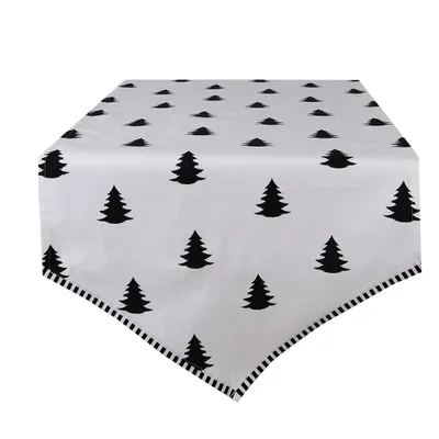 Obrázok produktu pre Clayre & Eef Vianočný bežec na stôl 50x160 cm Biele čierne bavlnené vianočné stromčeky