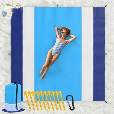 Produktbild von Famanu Stranddecke Extra Groß 300 x 300 cm - Sandfest und Schnelltrocknend, Hellblau Weiß Dunkelblau