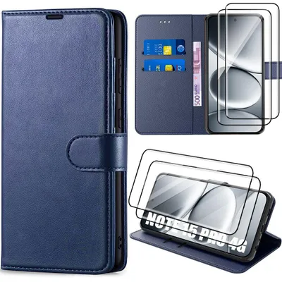 Image de Coque + 2 Verres Trempés pour Xiaomi Redmi Note 15 Pro 4G, Anti-Rayures Antichoc Synthécuir Bleu Foncé