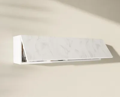 A white cabinet with a marble-patterned door is mounted on a cream-colored wall.