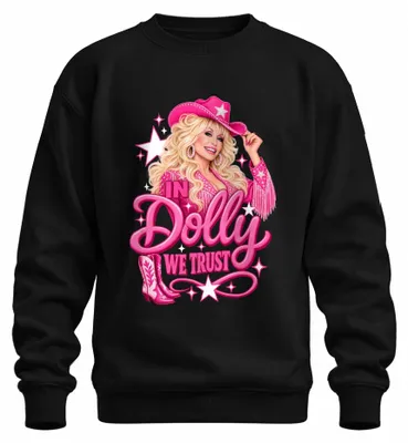 Imagen del producto de Sudadera con cuello redondo, color negro, estilo "cowgirl" con el texto "In Dolly We Trust" y motivos de música country, talla M