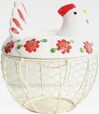 Produktbild von Egg Storage Baskets Frische Eier Küche Arbeitsplatte Lagerung Organisation Egg Dispenser Keramik Huhn Deckel mit Drahtkorb hält 20-25 Eier