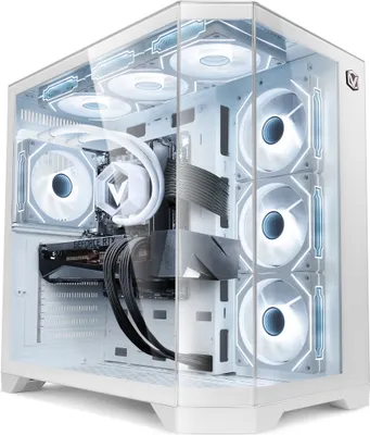 A white gaming PC with multiple RGB fans and a glass side panel, showcasing its internal components.
