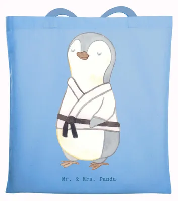 Produktbild von Mr. & Mrs. Panda Shopping Tasche Pinguin Karate - Sky Blue - Geschenk, Tote Bag, Jutebeutel, Schultasche, Kampfkunst, Selbstverteidigung, Laptoptasche, Verein