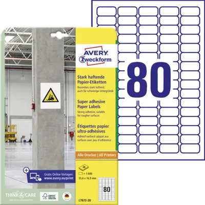 Produktbild von Avery Zweckform L7872-20 Stark haftende Papier-Etiketten, 35,6 x 16,9 mm, 20 Bogen/1.600 Etiketten, weiß