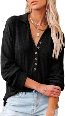 Produktbild von ASKSA Damen Baumwolle Blusen V-Ausschnitt Tops Langarm Einfarbig Knopf Tunika Shirts Oberteile, Schwarz, XL