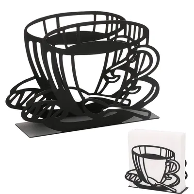 Serviettenhalter Edelstahl, Kaffeetassen-Design, schwarz, 14x4x10 cm