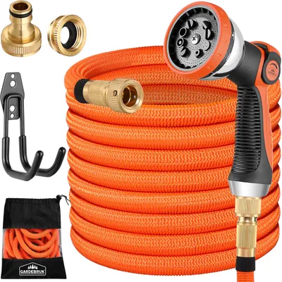 Produktbild von GARDEBRUK® Flexibler Gartenschlauch 15m 3fach Latexkern Vollmessing Adapter 1/2" 3/4" Zoll Wandhalterung Tasche Flexschlauch Wasserschlauch Orange
