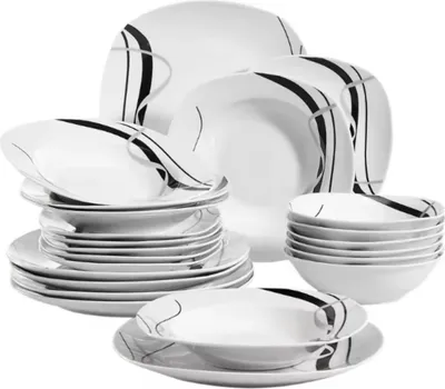 Image de Prestige Montario Salade Kom - 24 pièces - 6 personnes - Blanc/rayures noires - Services de table - Assiettes plates - Assiettes creuses - Assiettes à déjeuner - Services - Services de cuisine - Design  Style de table