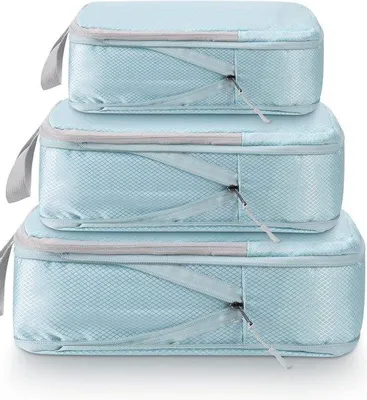 Produktbild von Unyqoos® 3‑teiliges Packwürfel-Set (Packing Cubes) – Blau, Mesh Reise-Organizer L 40×30 / M 35×25 / S 30×20 cm, mit Tragegriff für Kleidung, Schuhe & Kosmetik