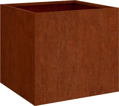 A square planter made of corten steel.