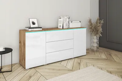 Obrázek produktu pro Dvoukřídlá komoda VERA 150 cm s šuplíky a nastavitelnými policemi – bílá / dub Wotan