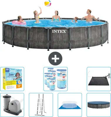 Produktbild von Intex Round Prism Frame Greywood-Schwimmbecken – 549 x 122 cm – inklusive Pumpe – Leiter – Bodenplane – Abdeckung Wartungspaket - Filter - Solarmatte