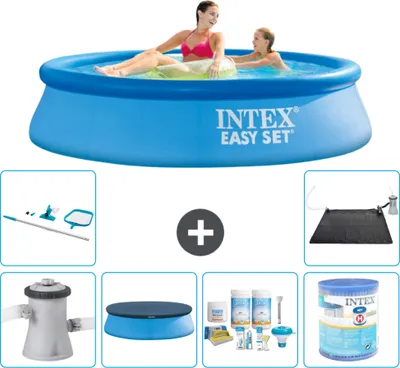 Produktbild von Intex runder aufblasbarer Easy Set-Schwimmpool – 244 x 61 cm – Blau – inklusive Pumpe Abdeckung - Wartungspaket - Filter - Reinigungskit - Solarmatte
