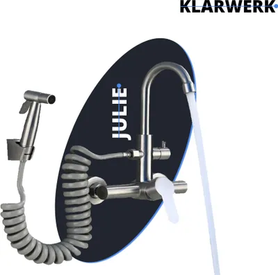 Produktbild von JULIE | Gastronomie Mischbatterie Wandmontage Armatur Silber | Profi Küchenarmatur Edelstahl mit Handbrause | Wasserhahn Restaurant Wand hoher Auslauf