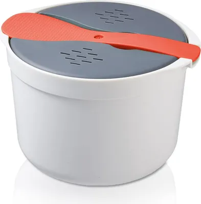 Produktbild von 2-Liter-Mikrowellen-Reiskocher mit Deckel und lebensmittelechtem PP-Sieb, kompakter orangefarbener Dampfgarer, 18,5 x 18,5 x 13 cm