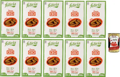 Produktbild von Felicia, Penne ai Ceci, Kichererbsen Penne, Pasta reich an Proteinen, Ballaststoffen und Mineralsalzen, reich an Phosphor, Eisen und Zink, glutenfrei, vegan, 10x 250g + Italian Gourmet polpa 400g