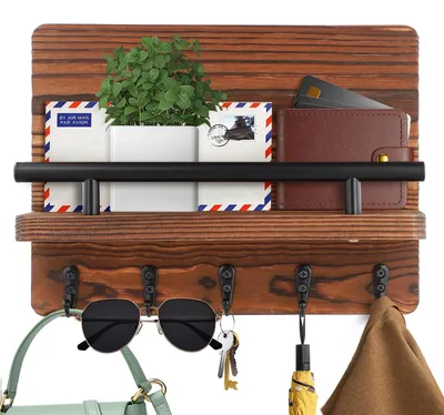 Image de Porte-clés mural - 5 crochets - étagère en bois avec compartiment à courrier - fixation par vis et chevilles