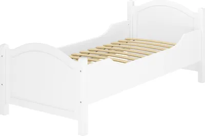 A white wooden single bed frame with a slatted base, shown from a diagonal angle against a white background.