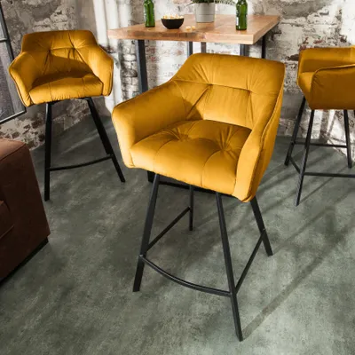 Produktbild von Retro Barstuhl LOFT 100cm Samt senfgelb Barhocker mit Armlehne Tresenhocker Barsessel Küchenhocker