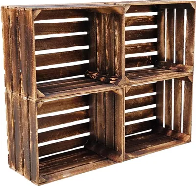 A set of four wooden crates stacked together.