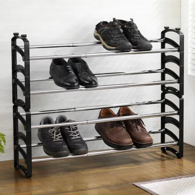 Produktbild von Schuhregal TOWER ausziehbar schwarz - Schuhablage mit 4 Ebenen aus Metall, stapelbare Schuhaufbewahrung platzsparend, schuhorganizer Flur