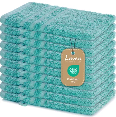 Produktbild von Lavea® 10er Set Waschhandschuh 15x21 cm – Saugstark Weich aus 100% Baumwolle, Frottierserie Elena – Waschbar und Strapazierfähig – Türkis