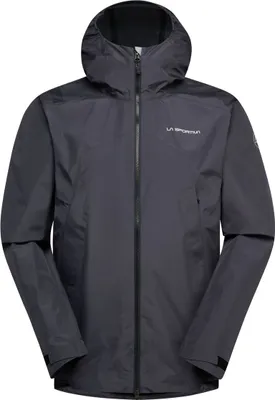Schwarze Hardshelljacke von La Sportiva mit Kapuze und Reißverschluss.