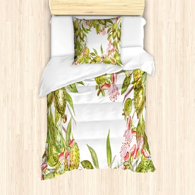 Produktbild von ABAKUHAUS Blumen Bettbezug Set, Feijoa Tropische Frucht Pflanze mit Blättern auf einfachen Hintergrund, 135 x 200 cm + 80 x 80 cm, Coral Grün