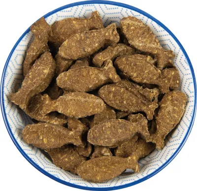 A bowl filled with fish-shaped dog treats.