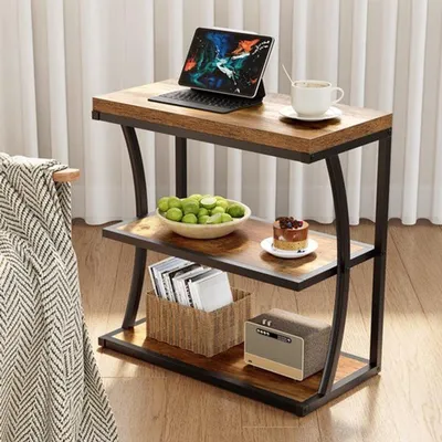 Immagine prodotto di Tavolino laterale, design industriale, struttura in metallo, piano in legno, ideale per soggiorno e camera da letto
