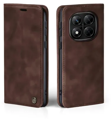 A brown flip case for a smartphone, shown from the front and back.