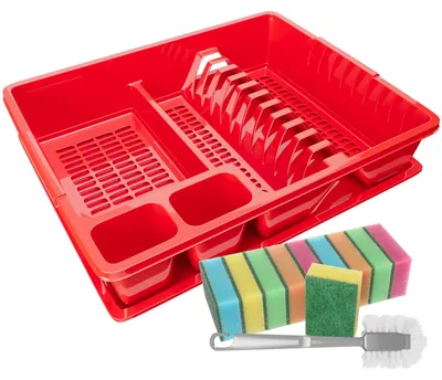 Produktbild von WELLGRO Abtropfgestell aus Kunststoff mit Reinigungsbürste und 10 Schwämmen - 44x35x9 cm (LxBxH) - Schale Geschirrkorb Abtropfkorb Abtropfgitter für Spüle  Europe