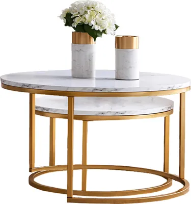 Produktbild von Fortuna Lai Couchtisch 2er Set Weiß Gold Marmoroptik Sofatisch Rund Modern – 80cm & 60cm, Beistelltisch, Wohnzimmer, Dekotisch, Nesting Tische