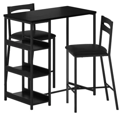 Productafbeelding van Een barkrukset bestaande uit een tafel met 2 beklede barkrukken met rugleuning, bestaande uit 3 delen, met planken. Zwart frame + zwart hout