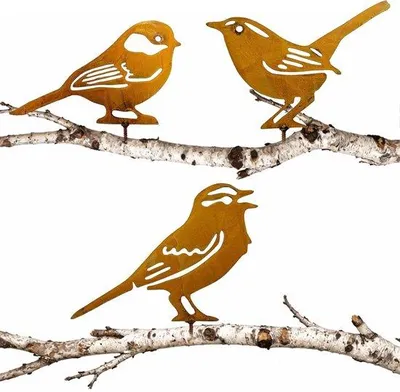 Productafbeelding van Tuinsteker Vogels - Roestdecoratie Buiten - Tuin Verfraaien - Patina Metaal - 20x12cm - Geel