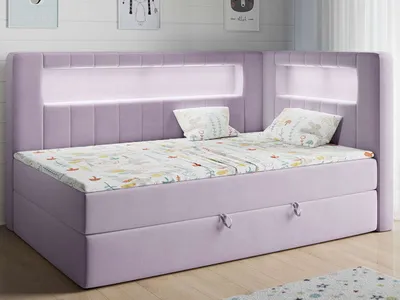 Produktbild von Polsterbett 90x200, Kinderbett mit LED, Matratze und Topper - JUNIOR-GOLD-3 - Violet - Rechte Seite