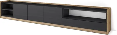 Image de Meuble TV, Banc Télé, Grand espace de Rangement, 310x37x50cm, Pour les TV jusqu'à 80", Meubles de salon, Noir et chêne