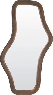 A single, irregularly shaped mirror with a dark brown frame is shown against a white background.