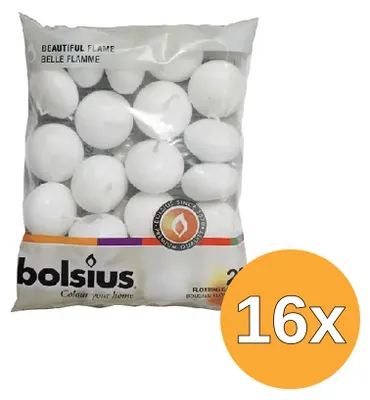 Immagine prodotto di 16 candele galleggianti Bolsius, modello 30/45, colore bianco (confezione da 20 pezzi)